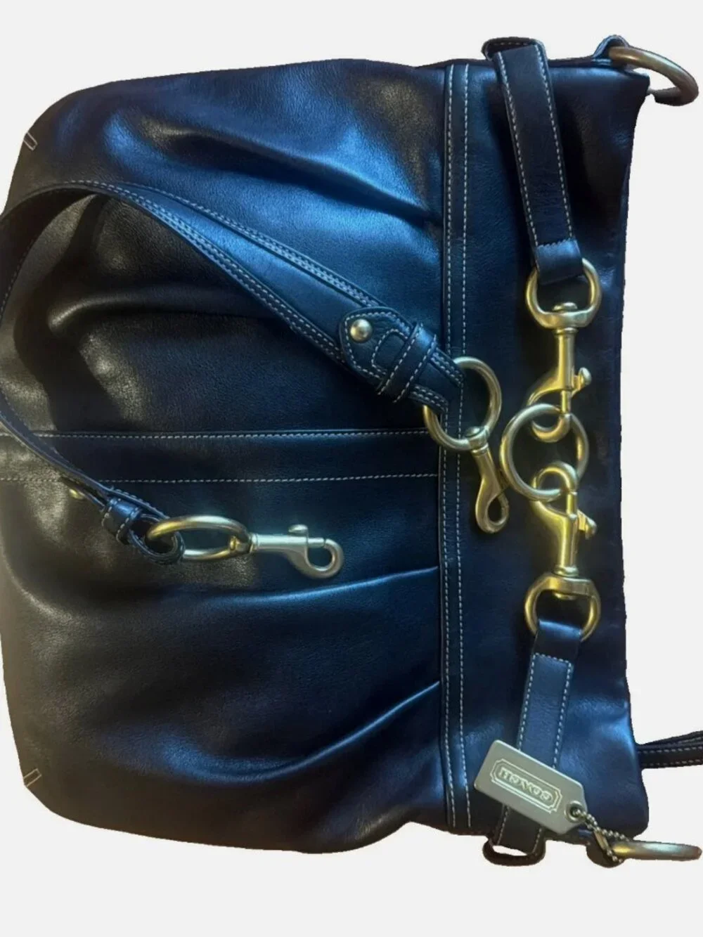 Vintage Coach Hampton Shoulder Bag Pleated Leather Black 8B15 Zipper Gold Charm